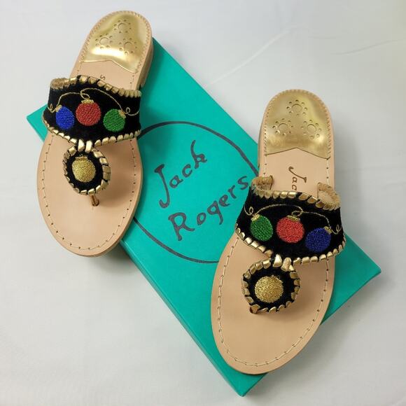 NWT Christmas Ornament Embroidered Suede Sandals by Jack Rogers size 5 1/2 Black - Picture 1 of 11